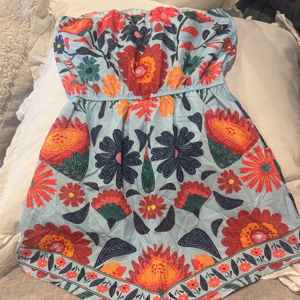 Floral Strapless Dress with Colorful Embroidery